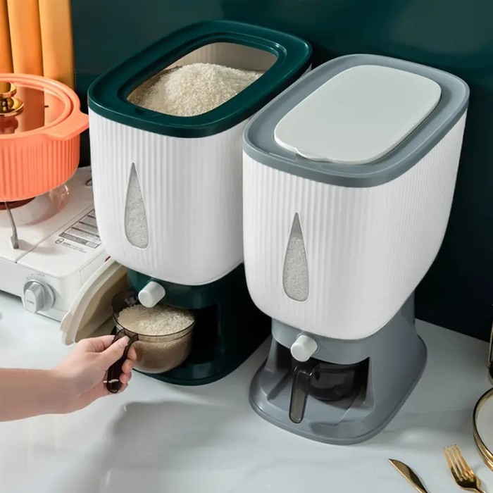 Dispenser Beras 10 KG Automatis Rice Box Dispenser Gayung Measure Jar Literan Tempat Wadah Penyimpanan Beras Kacang Biji Otomatis 10 kg 10Kg 10 Liter 10L Multifungsi Rice Box Storage Dry Food Grade Dengan Wadah Pengering Beras Praktis Abu Biru Hijau