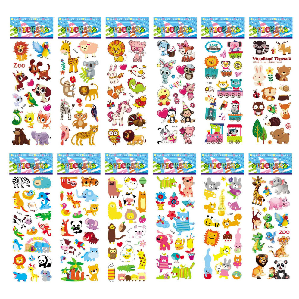 

12 Sheets/Pack Kids Stickers 3D Puffy Bulk Cartoon Zoo Animal / Fruits Various Scrapbooking Stickers for Girl Boy Birthday Gift