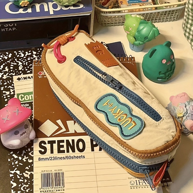 

Vintage Canvas Pencil Case Large Capacity Storage Bag with Zipper Stylish Contrast Color Design Portable Skincare and Stationery