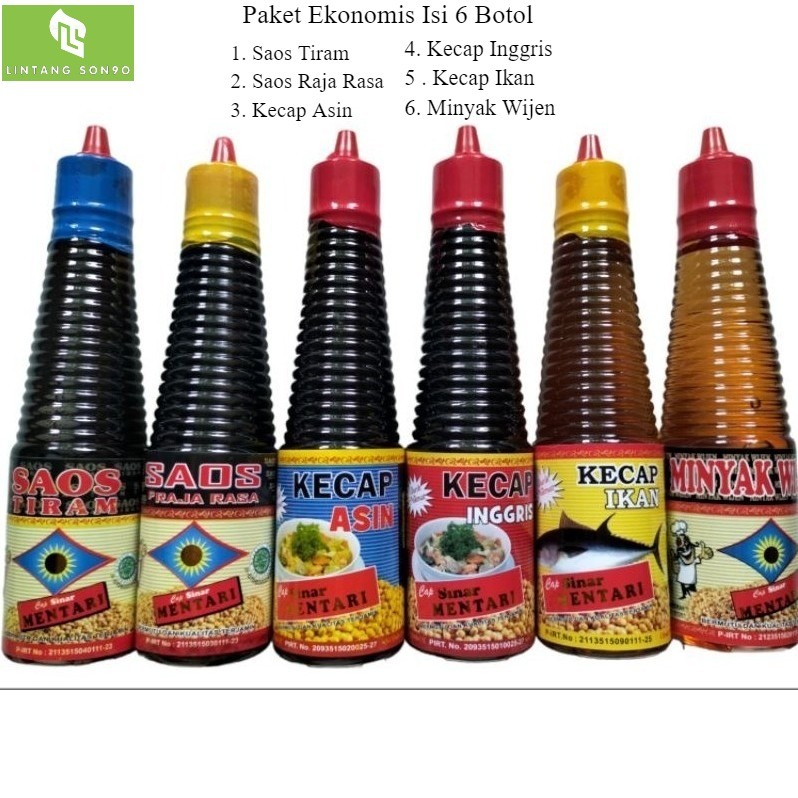 

Paket Ekonomis Isi 6 Botol Cap Sinar Mentari 150 ml - Minyak Wijen, Raja Rasa, Saos Tiram, Kecap Asin, Kecap Inggris, Kecap Ikan