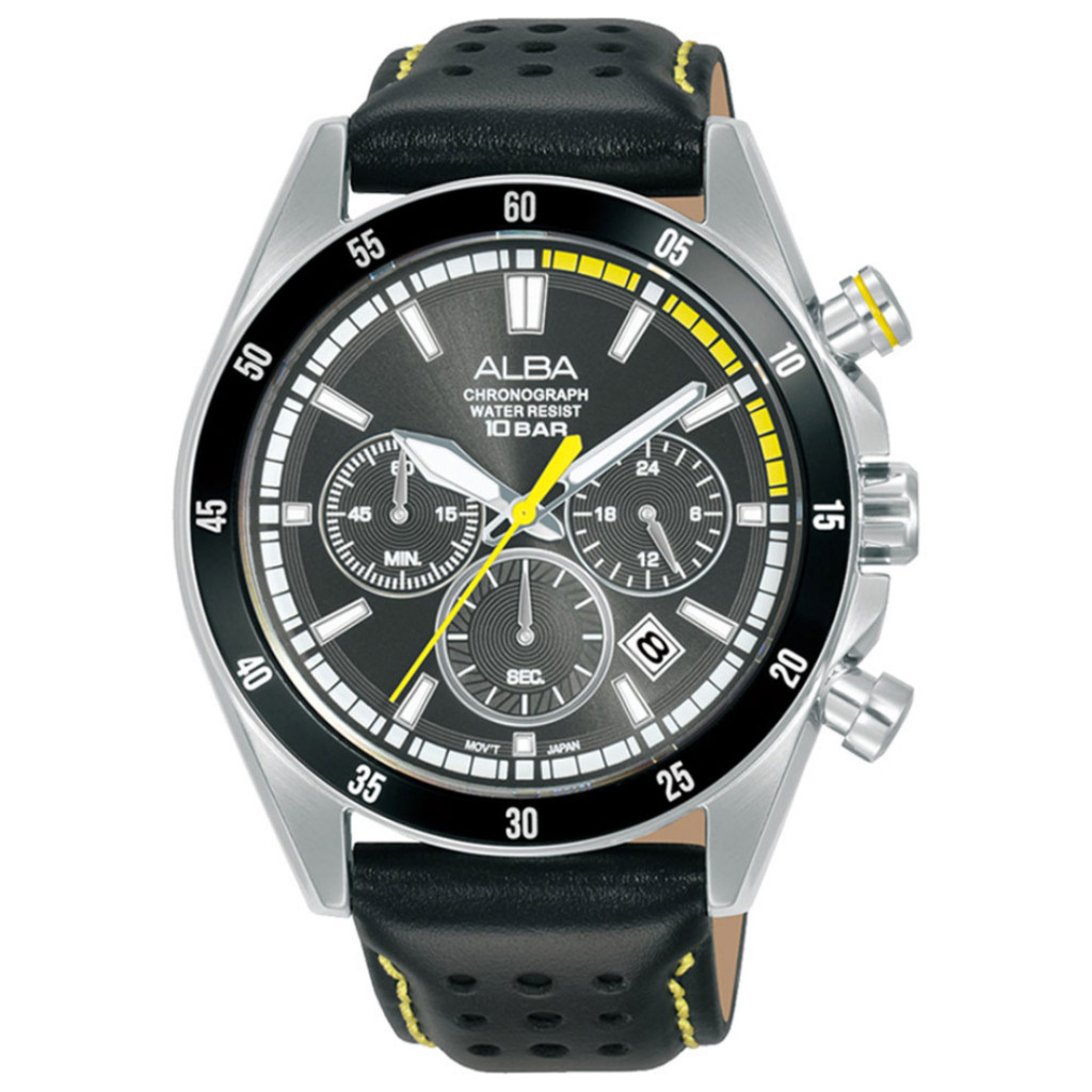 JAM TANGAN PRIA ALBA AT3J33 AT3J33X1 CHRONOGRAPH BLACK LEATHER STRAP ORIGINAL