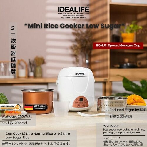 IDEALIFE MINI RICE COOKER IL-110B 1.2 LITER LOW CARBO LOW SUGAR