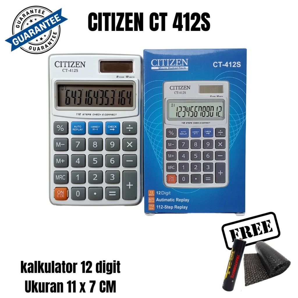 

Kalkulator CT 412 S Sekolah Toko Kantor Ukuran Saku 12 Digit 112 Step Auto Replay Check Correct