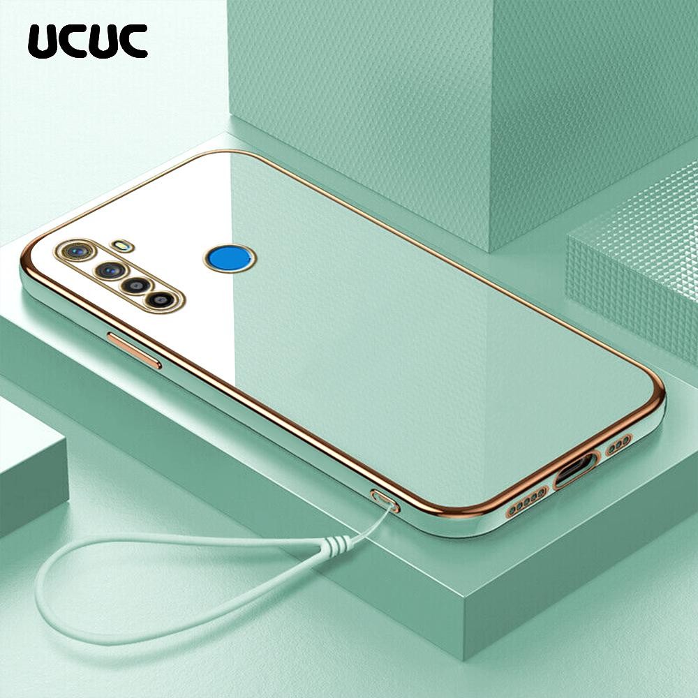 UCUC Realme 5 5i 5S 6i (Lanyard Gratis) Cartoon Square Edge Pattern Design Luxury Plating Soft Phone