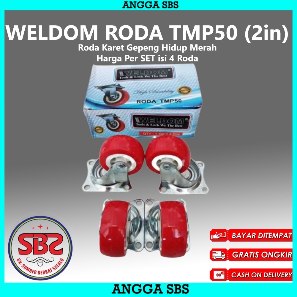 WELDOM Roda Karet Hidup Merah 2 inchi isi 4 pcs / Roda Karet Gepeng Hidup Merah Weldom (Roda Bundar 