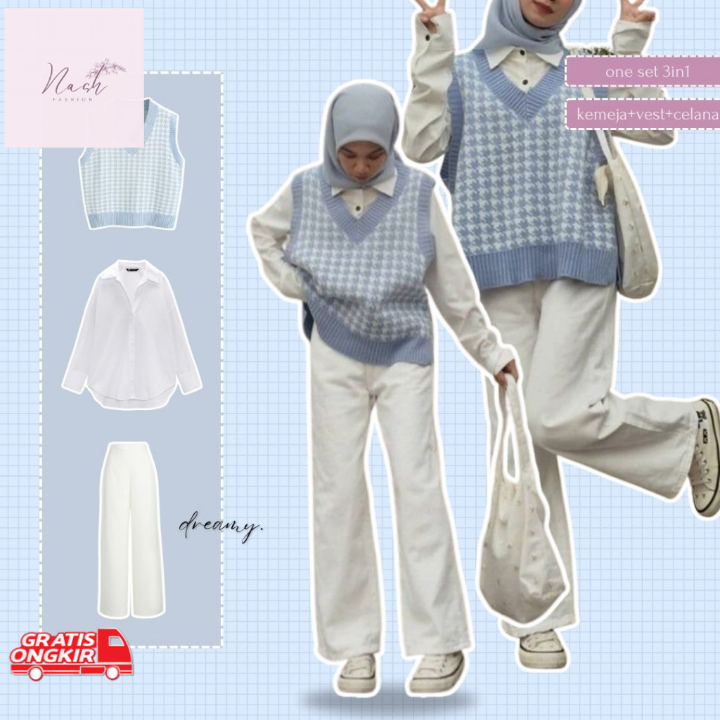 Baju Korea / dreamyootd Alina Set 48  - 3in1 Ocean Blue One Set Korean Style, Outfit Korea, Outfit W