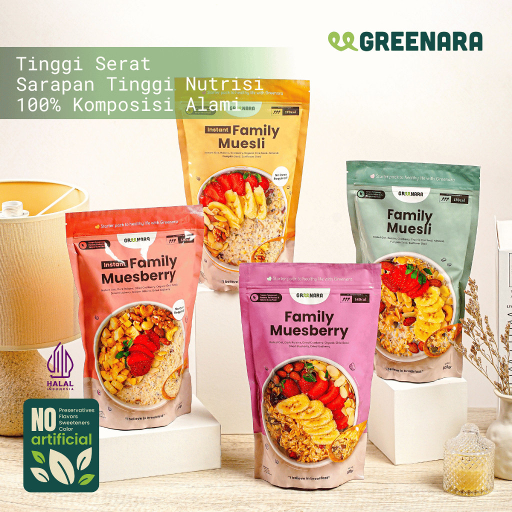 

New Greenara Natural Family Muesli / Berry 500gr (140-170cal/serv)/ Sarapan Sehat Oatmeal Kaya SeratPremium