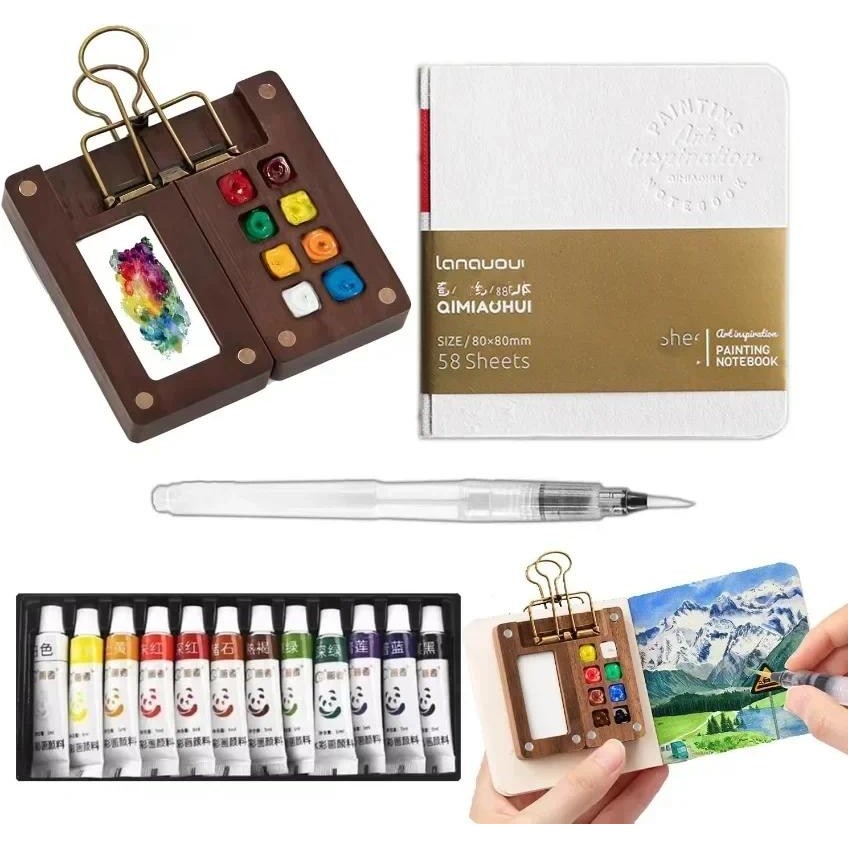 

Mini Watercolor Paint Set Wooden Pocket Artist Travel Kit with Grid Palette 12 Colors Brush Pens Perfect for Sketching On-The-Go