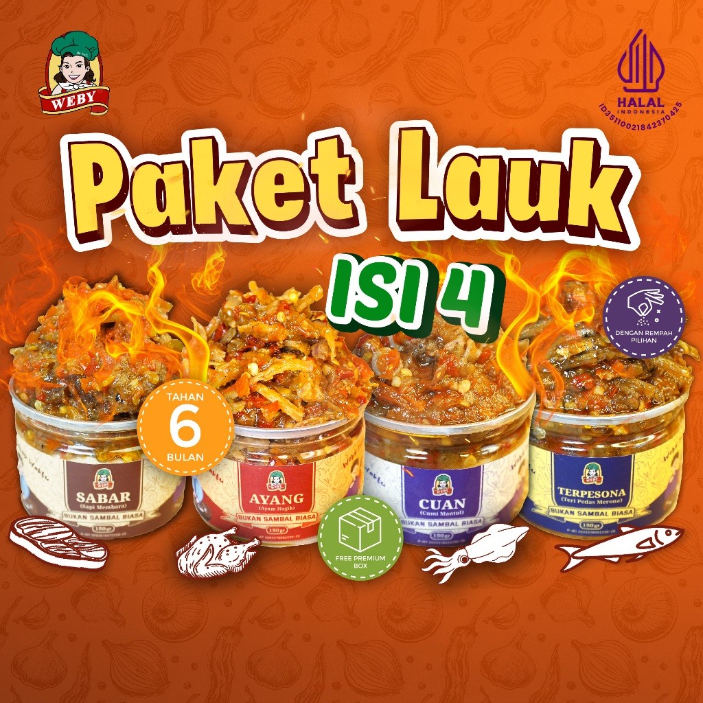 

New Sambal Weby Paket Komplit 4 Varian Sambal Cumi, Sambal Teri, Sambal Ayam dan Sambal Sapi, isi 150 grPremium
