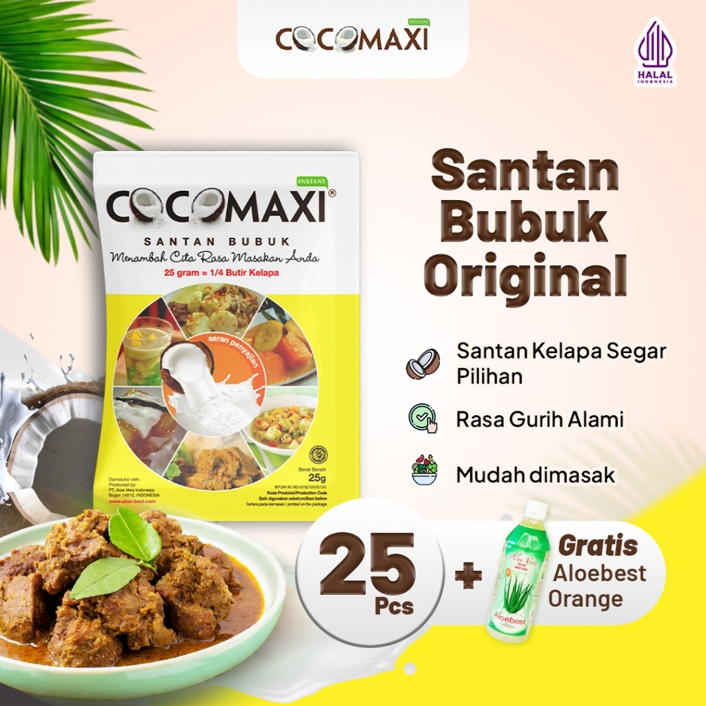 

new offer COCOMAXI Santan Kelapa Bubuk Gurih Alami 25 gr - Isi 25 Sachet Free 1 Sachet Aloebest Orange 500 ml