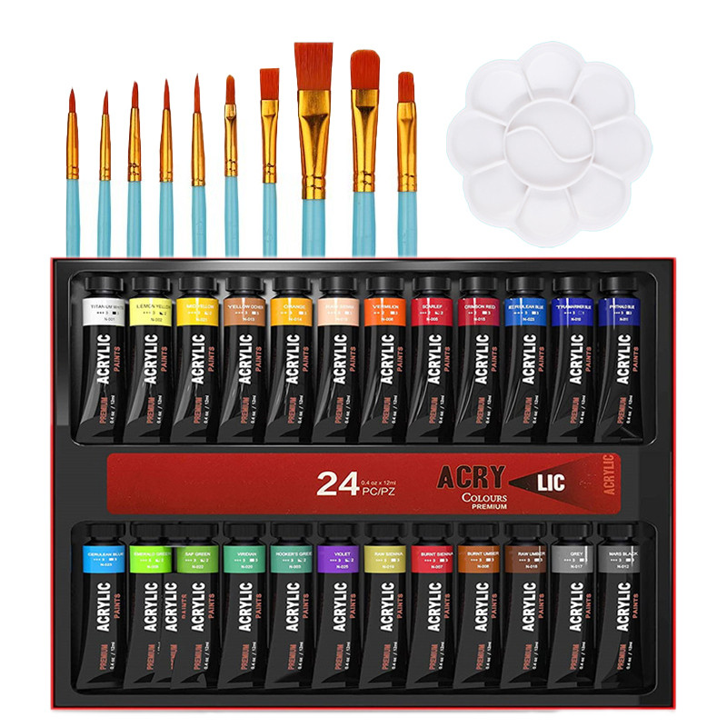 

Professional Acrylic Paint Set 12/24 Colors 12ml/Tube Fabric Paint Waterproof Pigment Painting Set With Brush&Palette