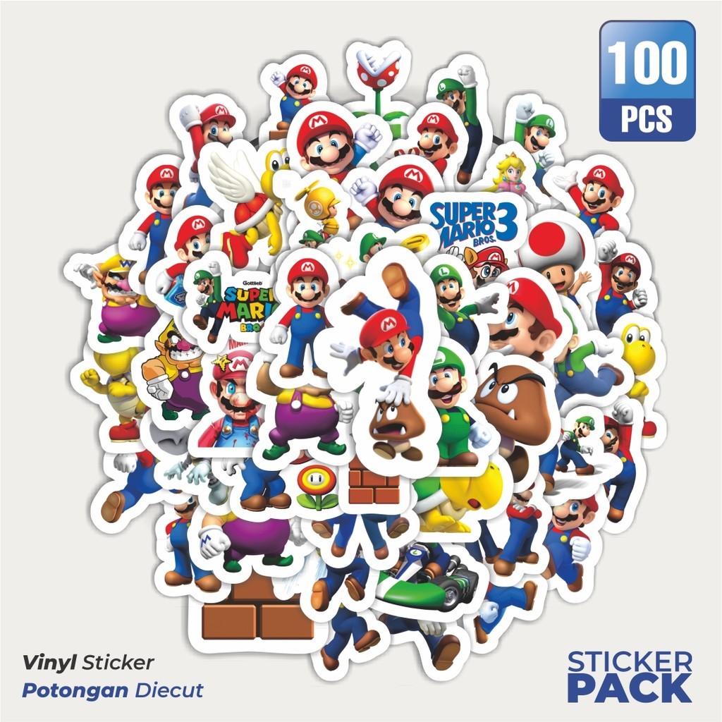 

100 PCS STIKER Kartun Super Mario Sticker Waterproof Aesthetic- Untuk Laptop, Motor, dan Helm - Paper Stationery Pack