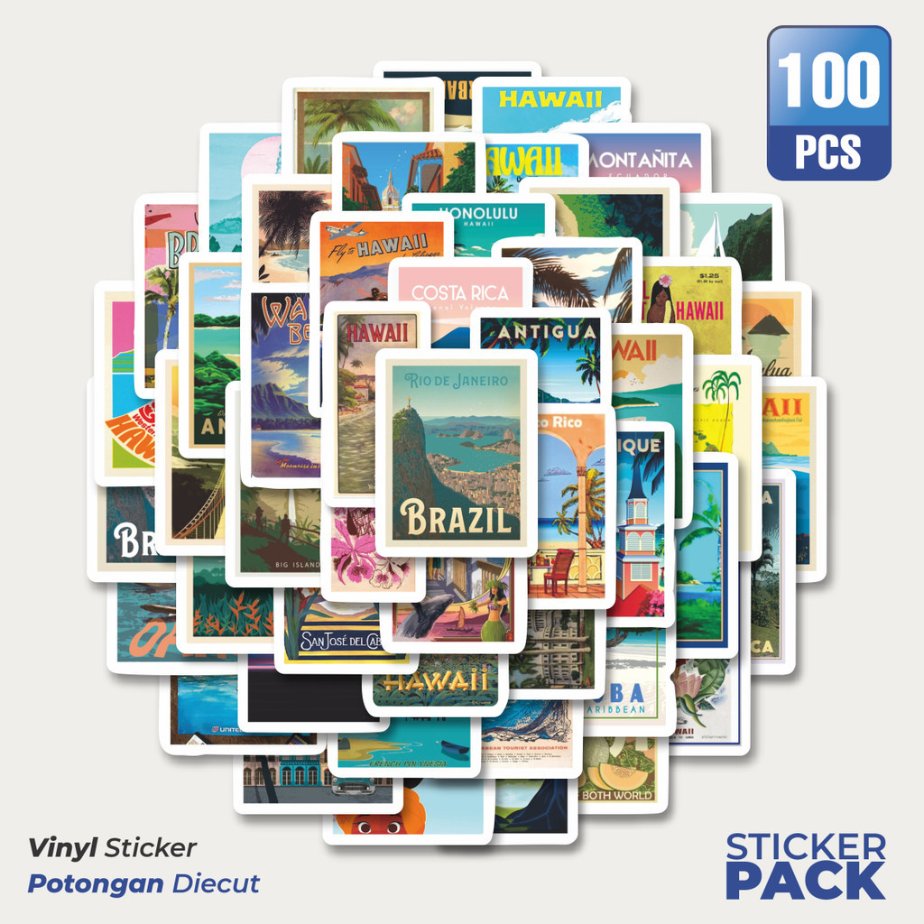 

100 PCS STIKER Poster HAWAII ARUBA BROOKLYN SAN FRANCISCO Waterproof Aesthetic- Untuk Laptop, Motor, dan Helm - Paper Stationery Pack