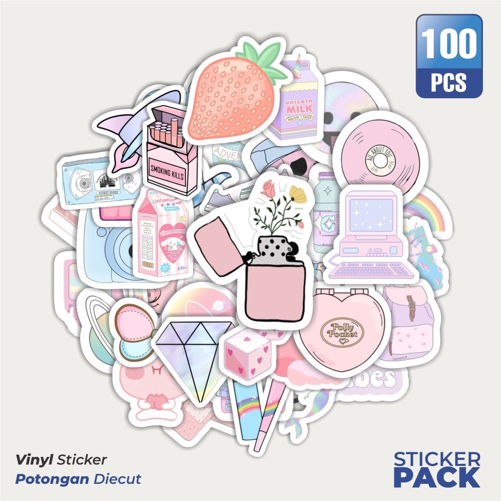 

Stiker Vinyl Stiker INS Style Pastel Waterproof Aesthetic- Untuk Laptop, Motor, dan Helm - Paper Stationery Pack