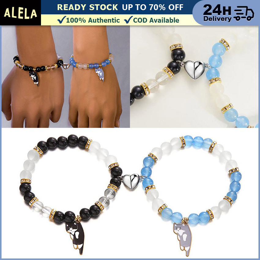 Gelang Manik Couple Pasangan Magnet Hati Liontin Kucing Cute Cat Couple Bracelet