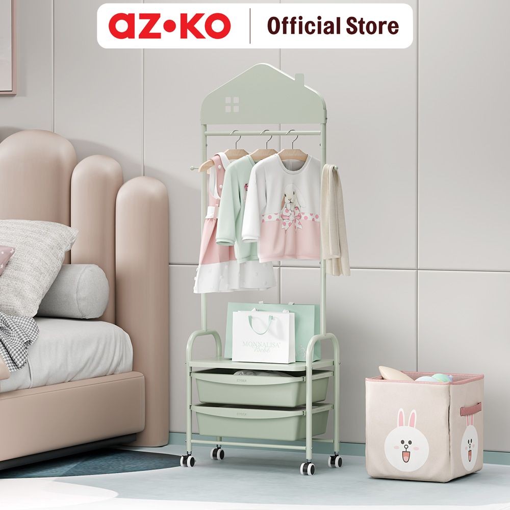 AZKO Stora Gantungan Pakaian Anak Dengan Tempat Penyimpanan - Hijau Stand Hanger Gantungan Baju Berd