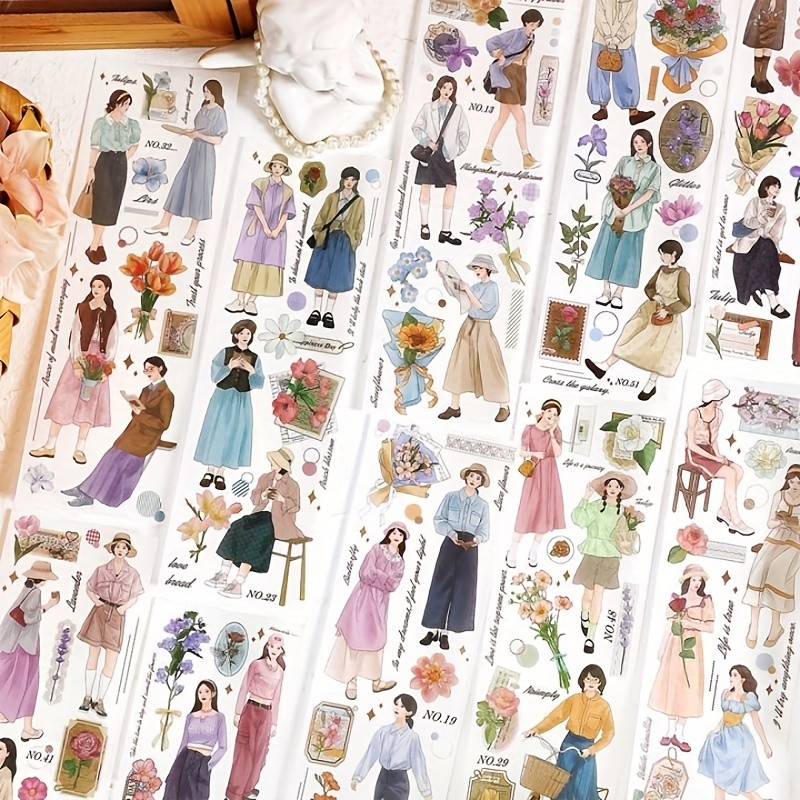 

MOHAMM 6 Sheets Flower Cute Cartoon Girl Paper Sticker Decorative Stickers for Collage Scrapbooking DIY Journaling Gift Stickers