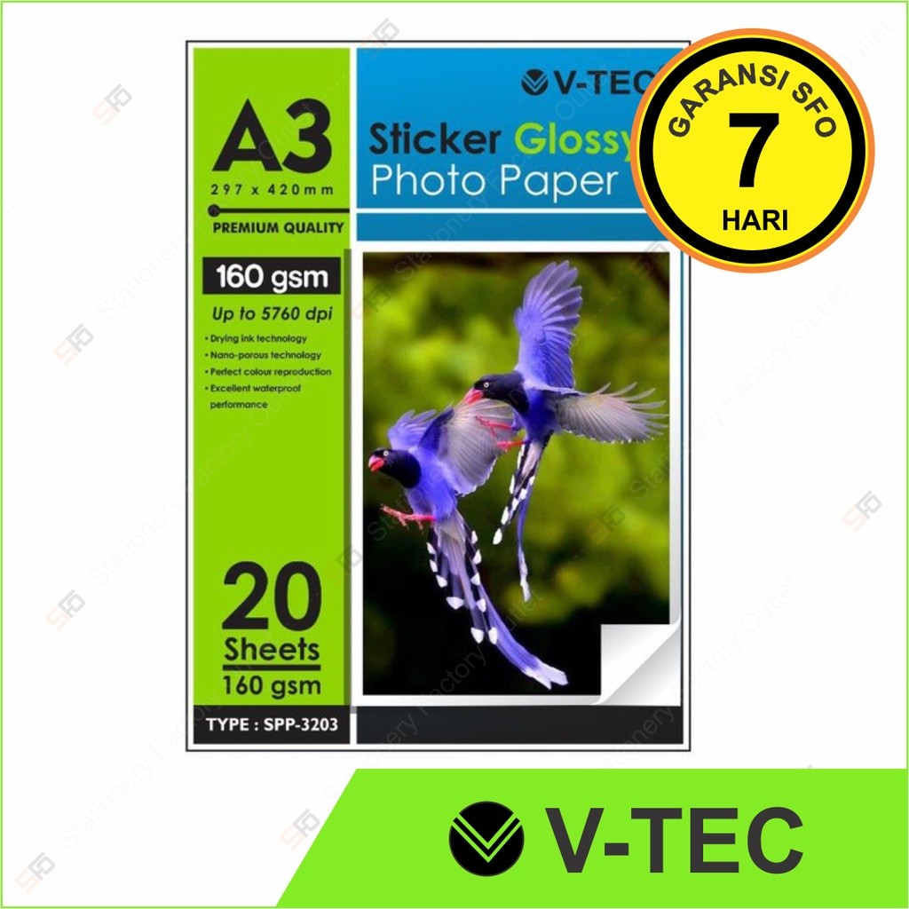 Glossy Sticker V-Tec A3 160 gsm - Kertas Foto Stiker - SFO Semarang Official