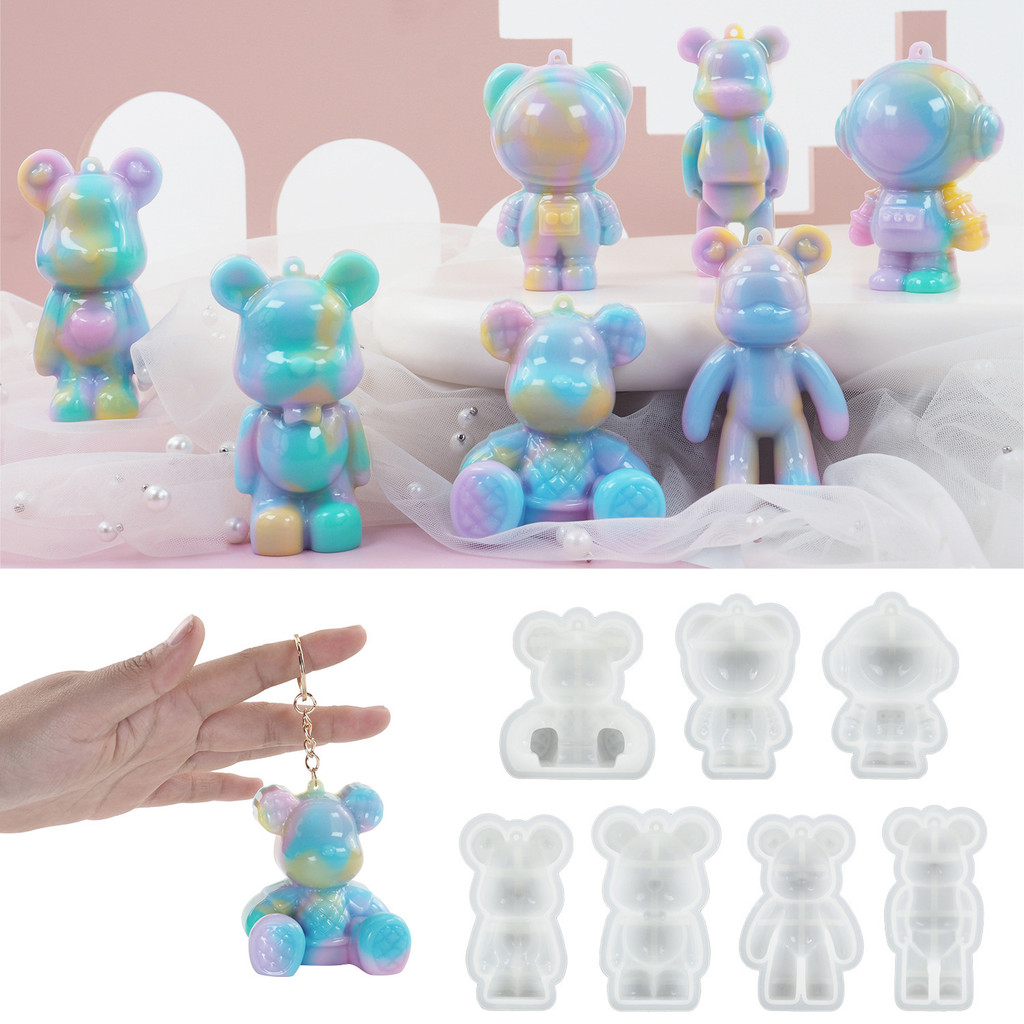

DIY Crystal Epoxy Resin Mold 3D Little Bear Spaceman Keychain With Hole Pendant Silicone Bloody Pink Bear Mold