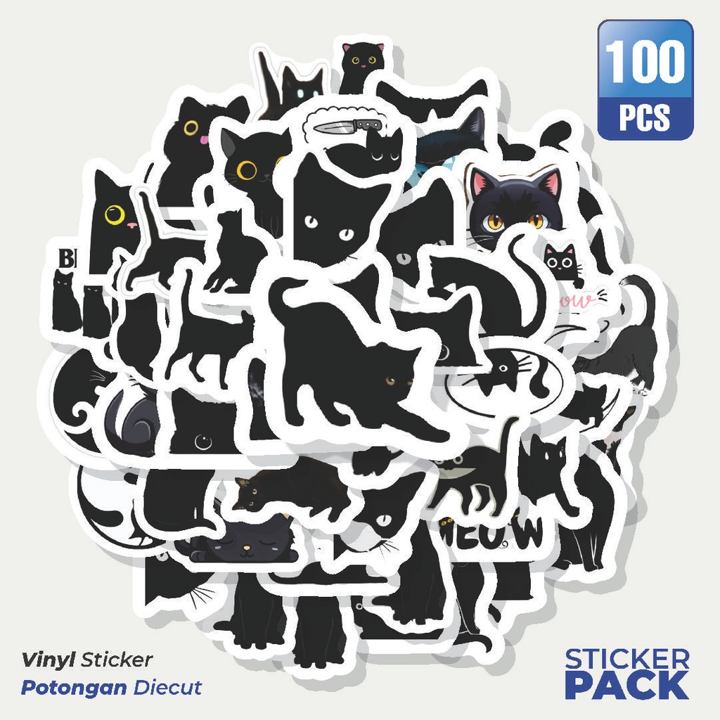 

Super Hemat! 100 PCS Stiker Black Cat [Kucing Hitam] Waterproof Aesthetic- Untuk Laptop, Motor, dan Helm - Paper Stationery Pack