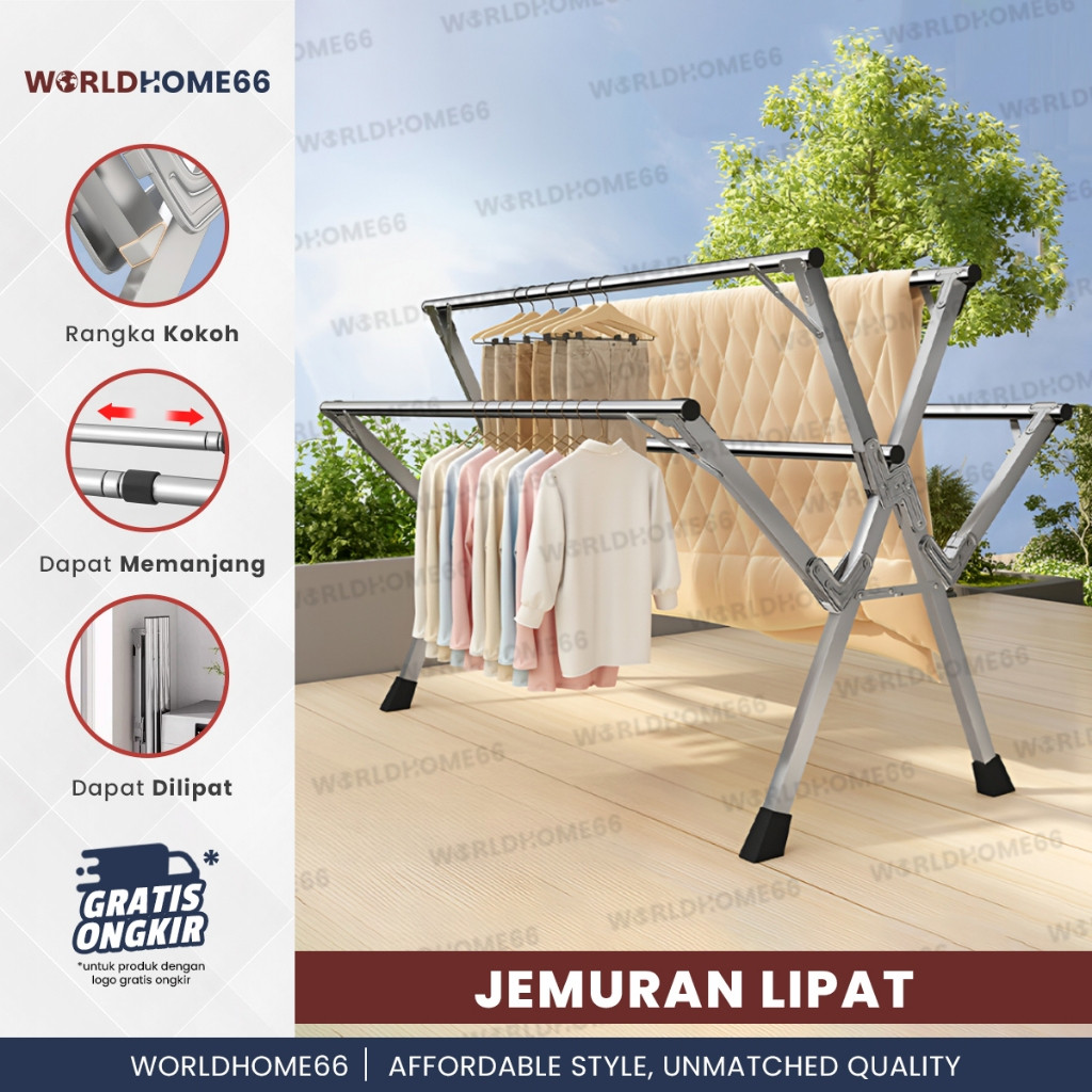 Worldhome Jemuran Lipat JUMBO Jemuran Pakaian Portable 5 Tiang Gantungan Baju Outdoor Besi Kokoh