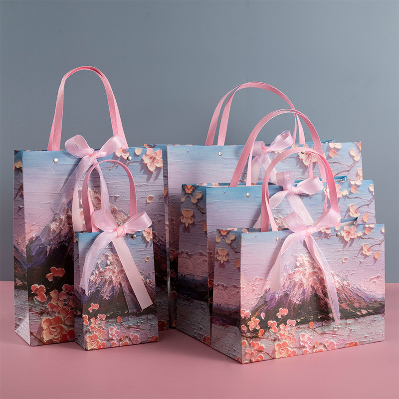 

Flower Gift Bags 3D Cherry Blossom Oil Painting Paper Bags Valentine's Day Birthday Party Gift Bags Clothing shop handbags