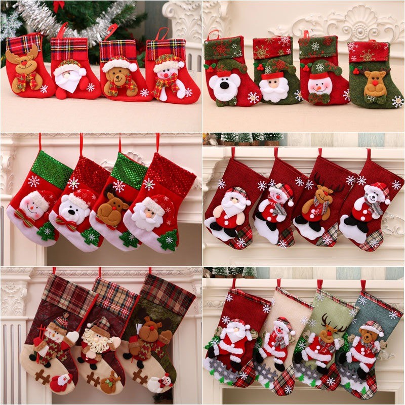 

2Pcs Small Socks Santa Claus Elk Bear Decoration Candy Gift Bag Tree Decoration New Year Home Decoration
