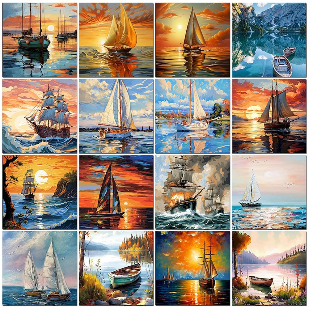 

PhotoCustom Hand Painting Sailboat In Bedroom Living Room Landscape Painting By Numbers Kit DIY Artwork Canvas Home Decoration