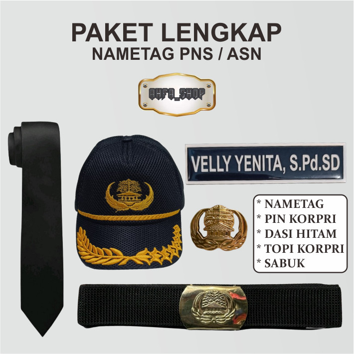

Paket Name Tag papan nama dada PNS Lencana Korpri terlengkap (Nametag, Pin korpri, Sabuk Korpri, Dasi Hitam, Topi Korpri)