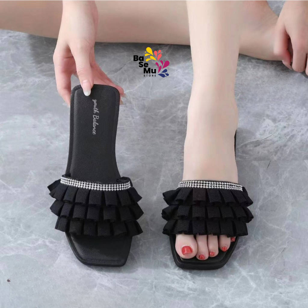 SANDAL WANITA SENDAL FLAT RUFFLE TEPLEK HITAM SANDAL RUMAH 268-X5b