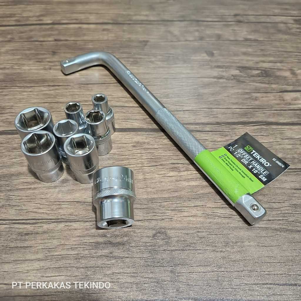 Paket Gagang Kunci Shock L Tekiro Offset Handle Sok 1/2 Inch + Mata Sock Ukuran 8-10-12-14-17-19-22-