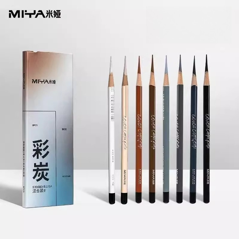 

MIYA Colorful Charcoal Pencils 8 Mixed Colors Set 4mm Soft Core Sketching Pencils Black White Brown Grey Skin Colors Included