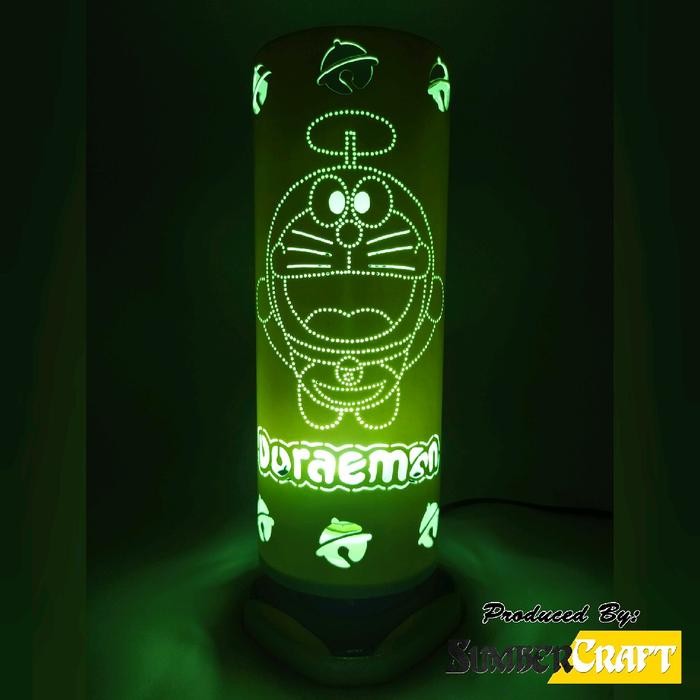 Lampu Hias Lampu Tidur Unik DORAEMON Handmade Dari Pipa Paralon PVC Ukir Kado - hijau, Diameter 9 CM