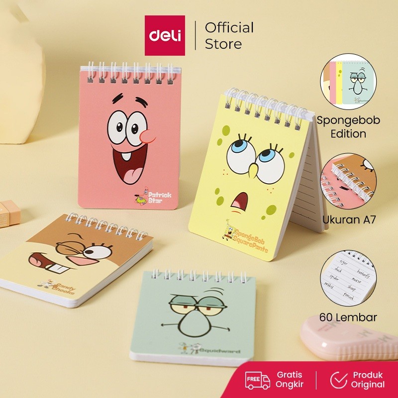 

Deli x Spongebob Spiral Notebook / Buku Tulis / Catatan Spiral Mini Pocket Size A7 60 Lembar N405-A7
