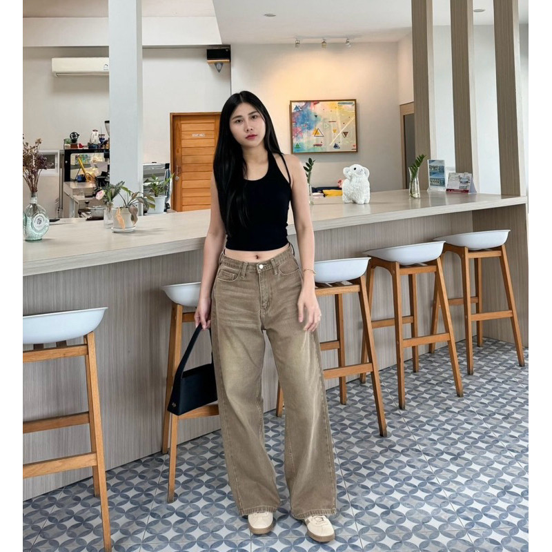 [𝗘𝗹𝗲𝗴𝗮𝗻𝘇𝗮] KULOT HIGHWAISTLOOSE JEANS BAGGY MOCCA HENNY