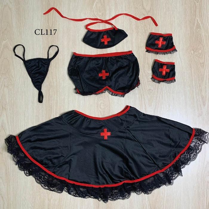 Mini Dress Lingerie Cosplay Nurse Sexy Wanita Baju Cosplay Perawat Hitam CL117