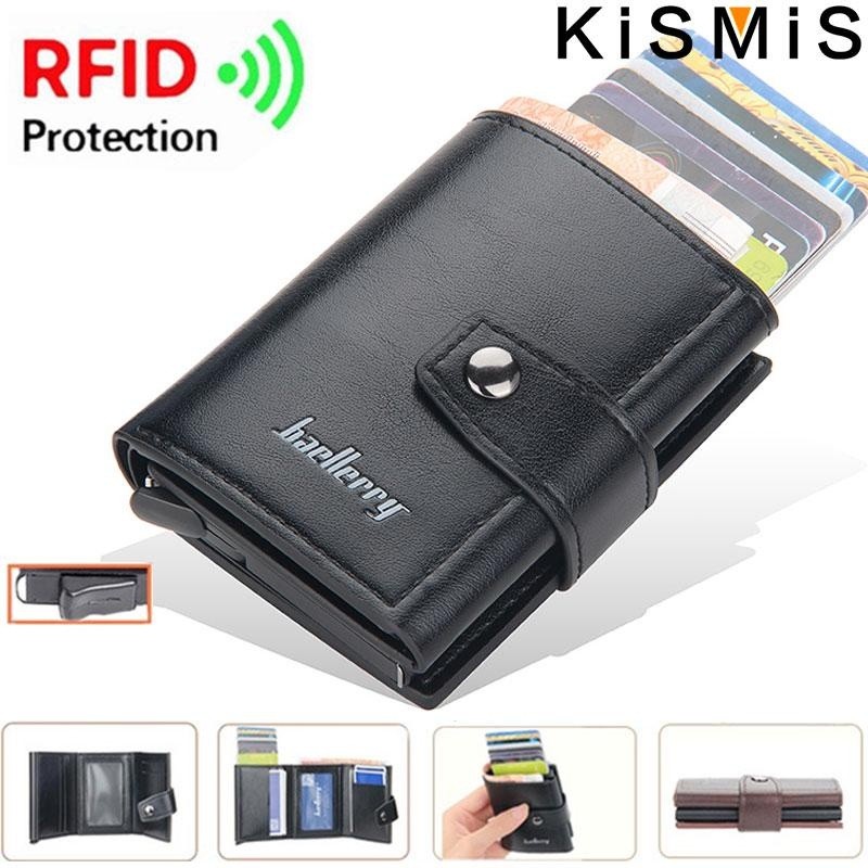 

KISMIS Leather Metal Aluminum Men Pop Up ID Credit Card Holder Wallet RFID Blocking Protection Business Card Case Credit Card