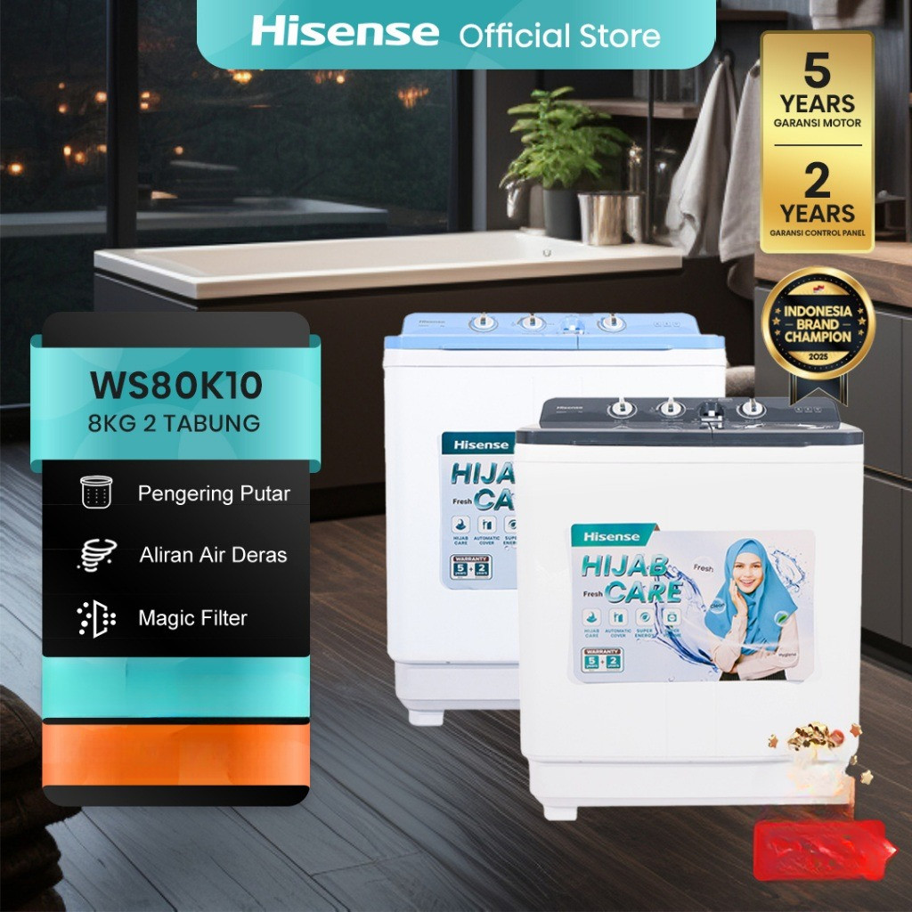 MESIN CUCI HISENSE WS80K10 MESIN CUCI HISENSE HIJAB CARE 2 TABUNG 8KG