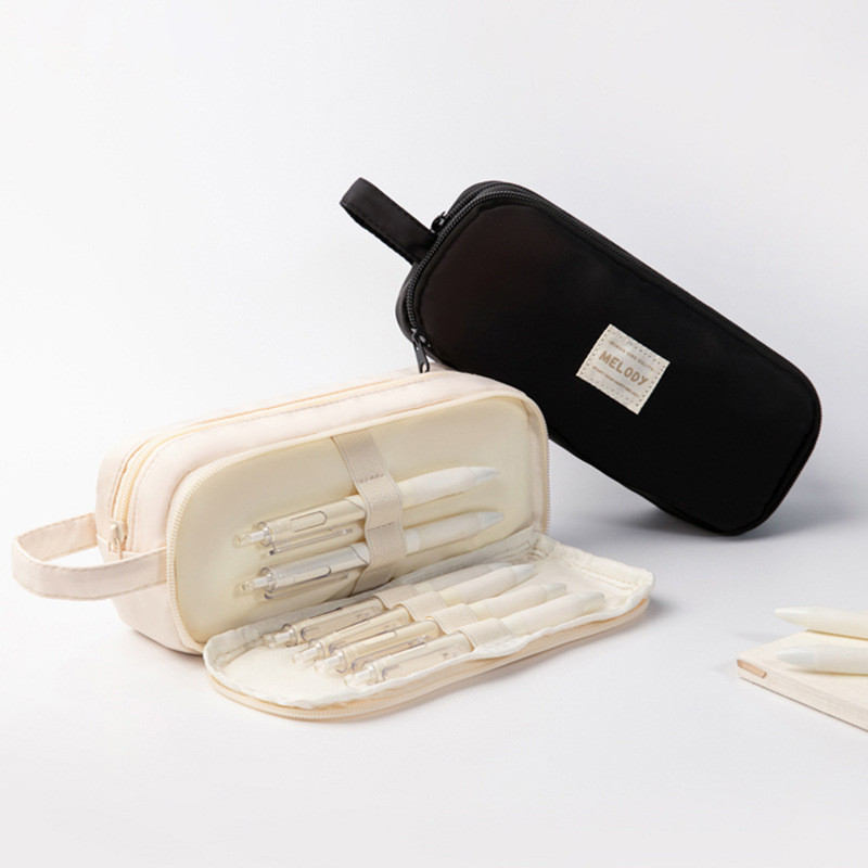 

Beige Pencil Bag Holder Case Handle Canvas Solid Color Pen Stationery School Supplies Office Storage Ruler Organizer Gift Pouch