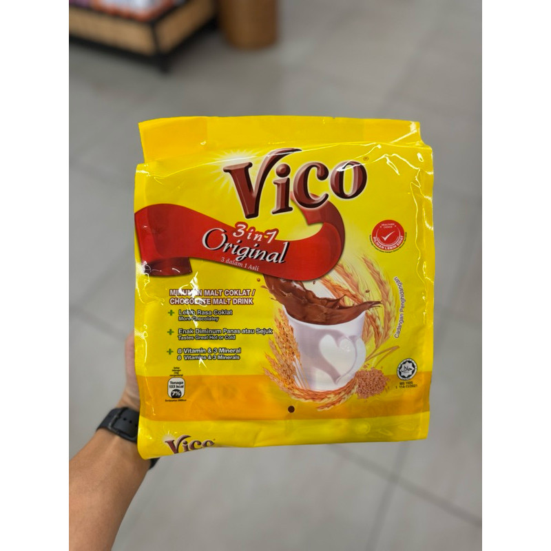 

vico 3in1 chocolate malt drink original isi 18's / 3in1 less sweet / 3in1 cereal hi fibre / 3in1 calsium plus