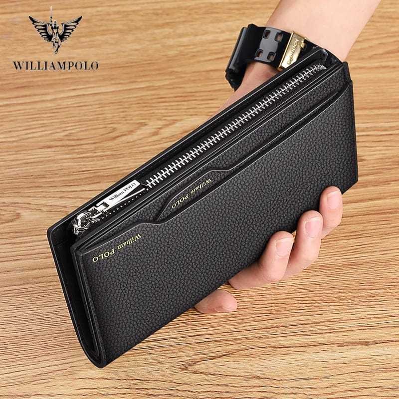 WilliamPolo Gaya Baru Fashion Pria Dompet Kulit Asli Kapasitas Tinggi Merek Ritsleting Tas Long