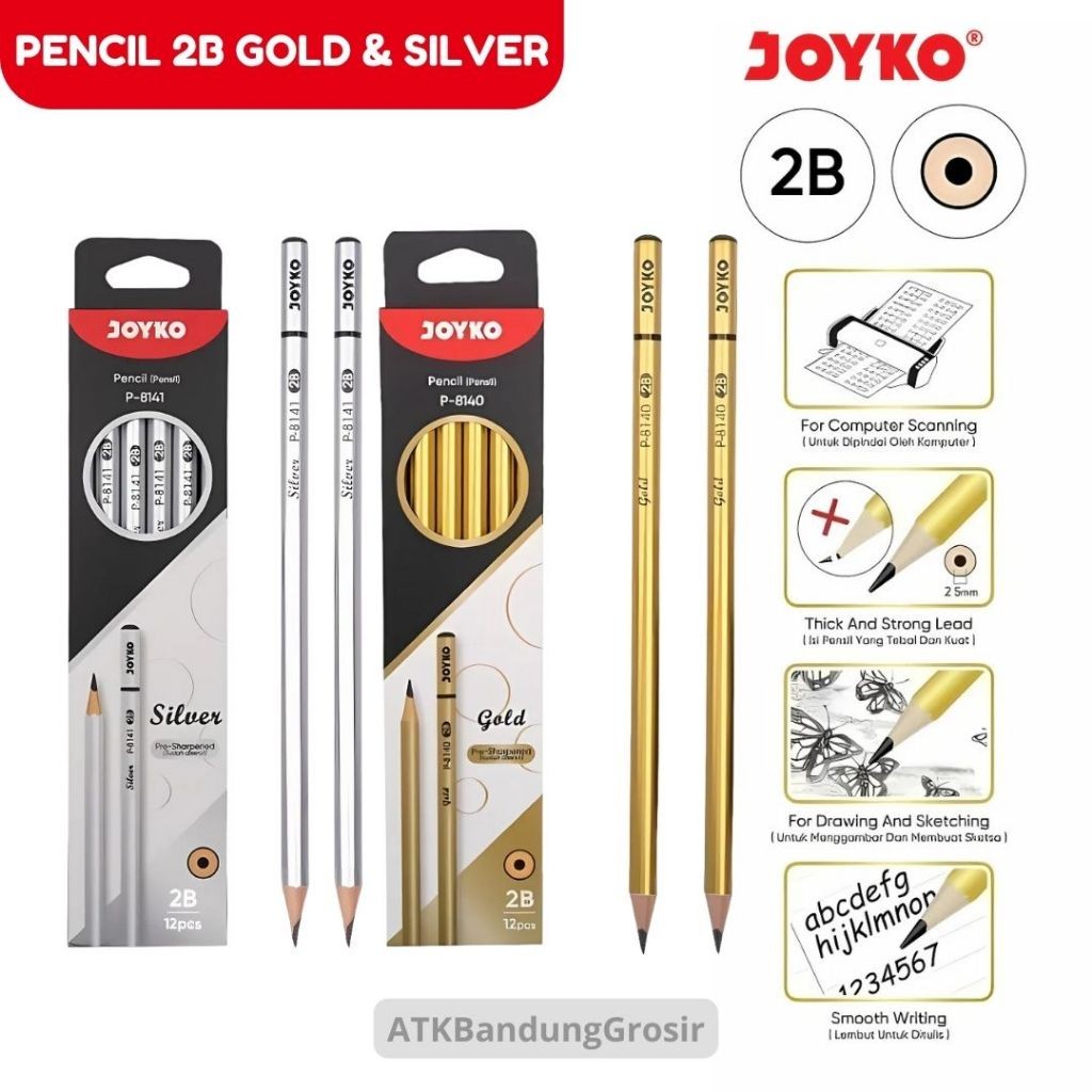 

Pensil 2B Joyko #P-8141 #P-8140 Silver & Gold Round Pre-Sharpened Bulat - Lusinan - SHABQ