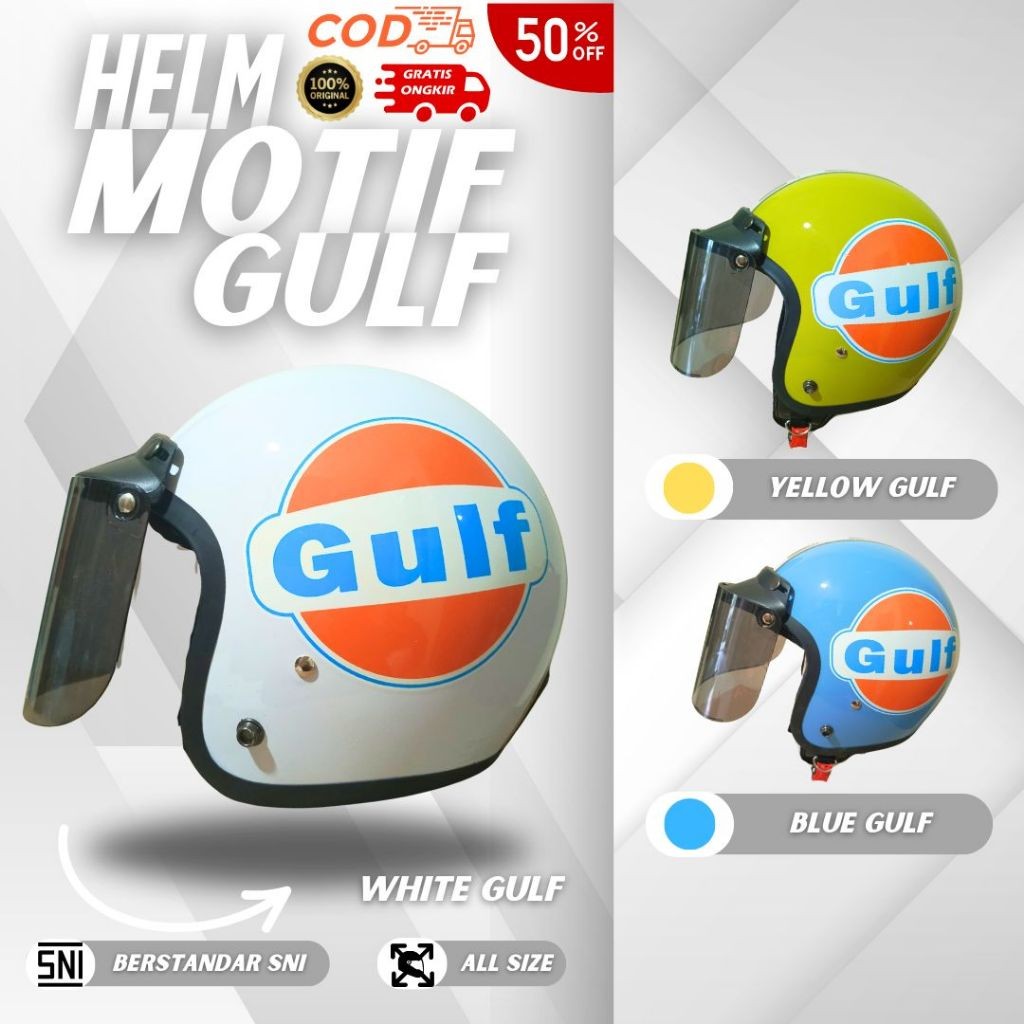 Helm Bogo Dewasa Classic Polos Motif Gulf Putih HDS Helmet Half Face SNI Pria Wanita Cepol Hijab