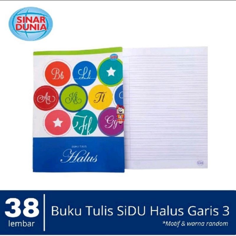 

Buku tulis halus 38 lembar/Buku tulis garis 3 sinar dunia ( 1pak/10buku )