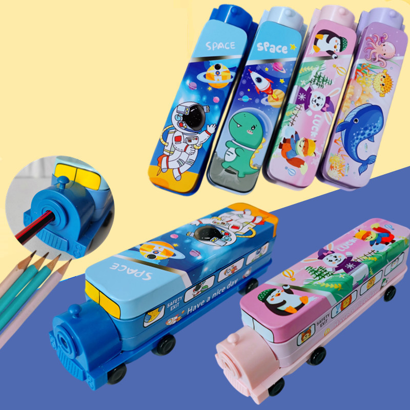 

Small train pencil box large capacity pencil bag student stationery storage box sturdy multifunctional built-in pencil sharpener