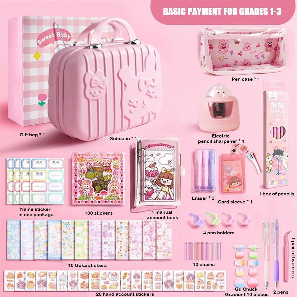 

Pink Study Stationery Set Large Capacity Suitcase Creative Stationery Gift Pack Stickers Sharpener Pen Bag Notebook Students