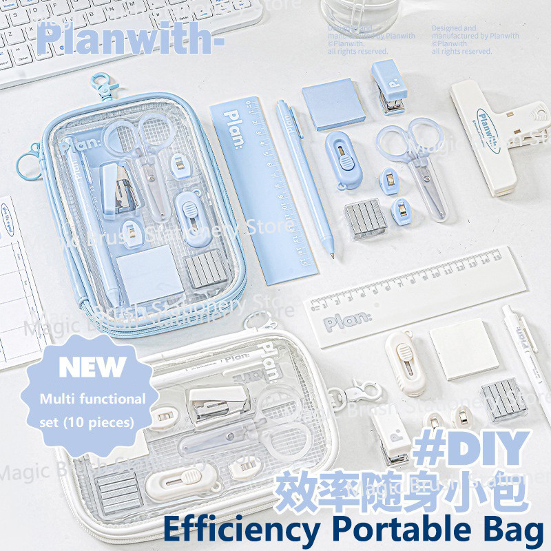 

Planwith Multifunctional Tool Set, 10pcs Stapler Pen Ruler Small Exquisite Handy Lightweight Effective Kit Cute School Supplies