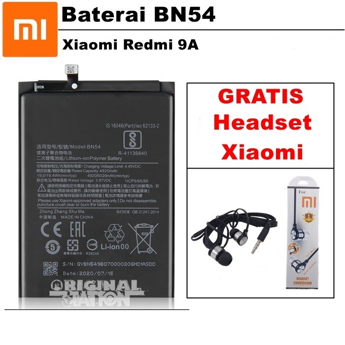 Xiaomi Baterai BN54 Battery Xiaomi Redmi 9A (5020 mAh) Original GRATIS Headset Hifi Xiaomi
