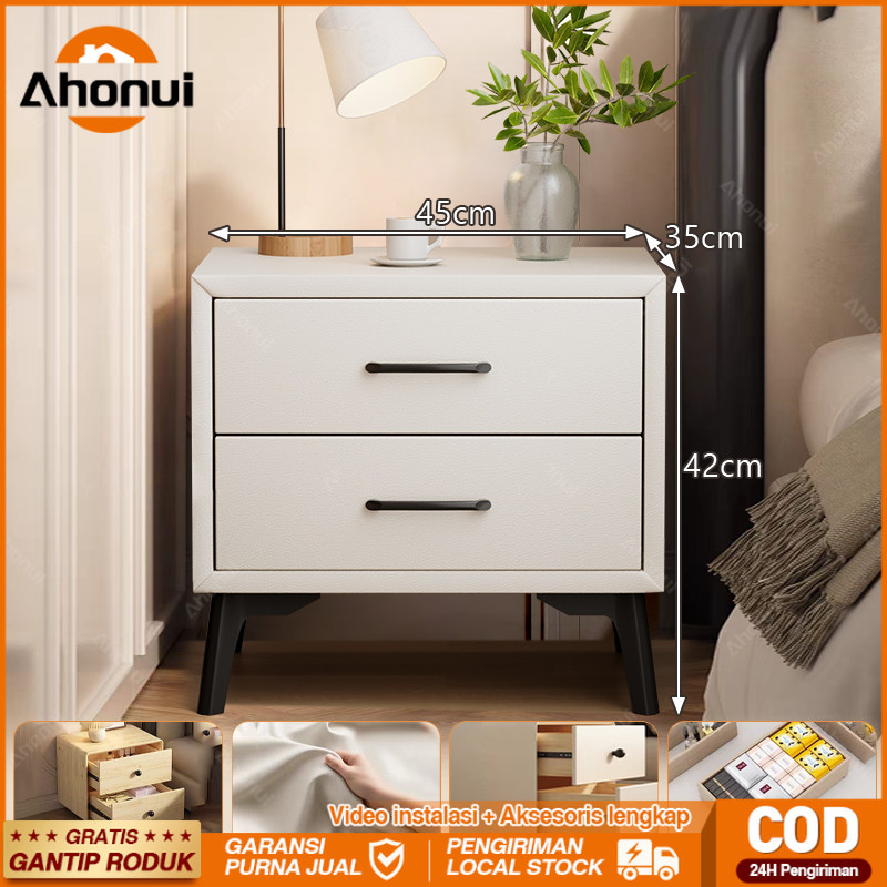 Meja Nakas Minimalis Kulit+Kayu 2 Laci Bedside Table Lemari Nakas Putih Meja Samping Meja Nakas Kama