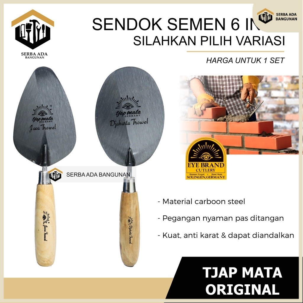 SAB Tjap Mata Sendok Semen Lancip 6" Stainless Gagang Kayu Model ProfilSendok Semen Gagang Kayu Bula